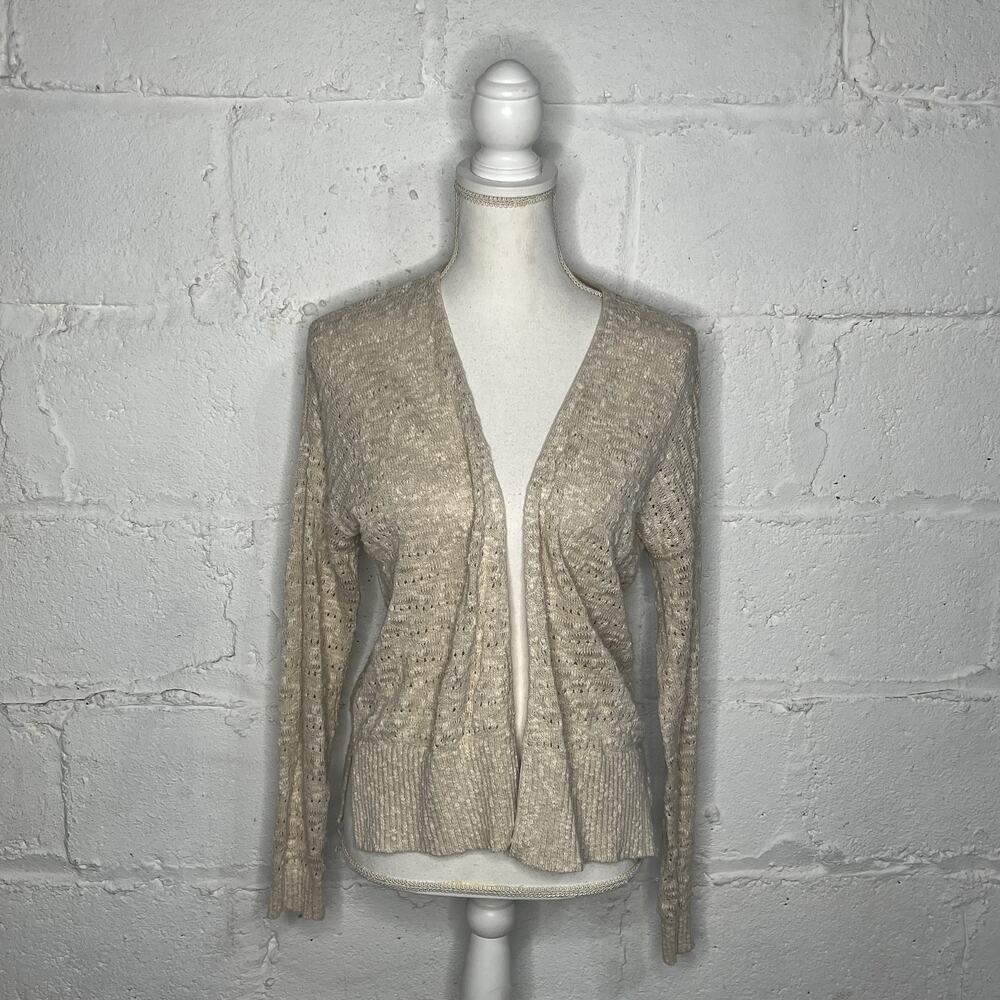 Loft Women’s Cotton Linen Beige Open Front Pointelle Cardigan Sweater Medium